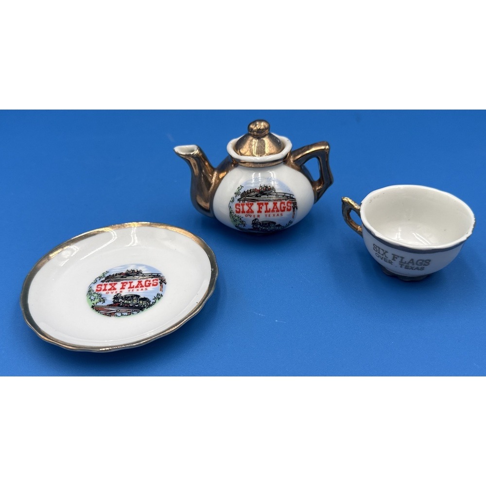 1960s Six Flags Over Texas Miniature Tea Set Japan Souvenir Teapot Cup Saucer